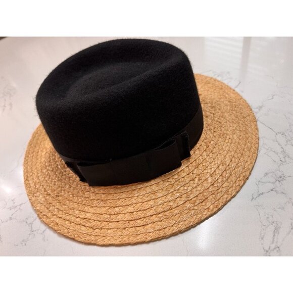 Kate Spade New York Hat 100% Wool Raffia Straw Brim Fedora Black Ribbon Bow - Picture 3 of 10